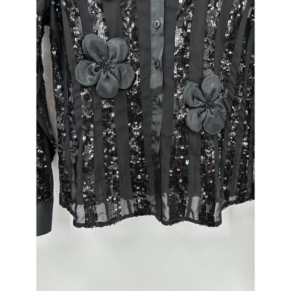 Samuel Dong Blouse Set Womens Small Black Sequins Floral Sheer 2 Piece Buttons - Picture 6 of 16